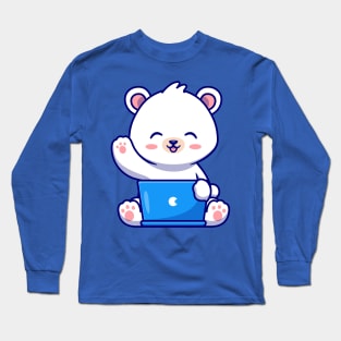 Cute Polar Bear Working On Laptop Cartoon Long Sleeve T-Shirt